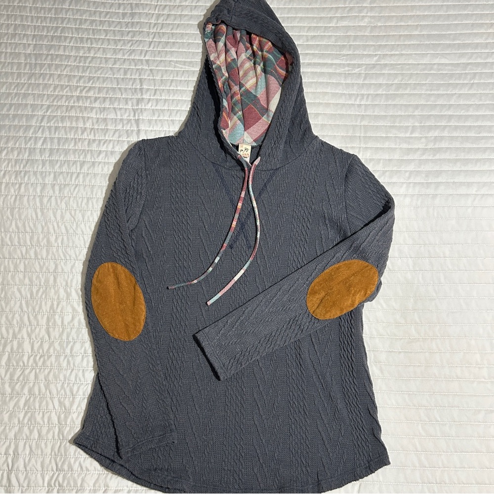 7th Ray Sweater Pullover Plaid Hoodie Long-Sleeve Lightweight With Elbow Patches